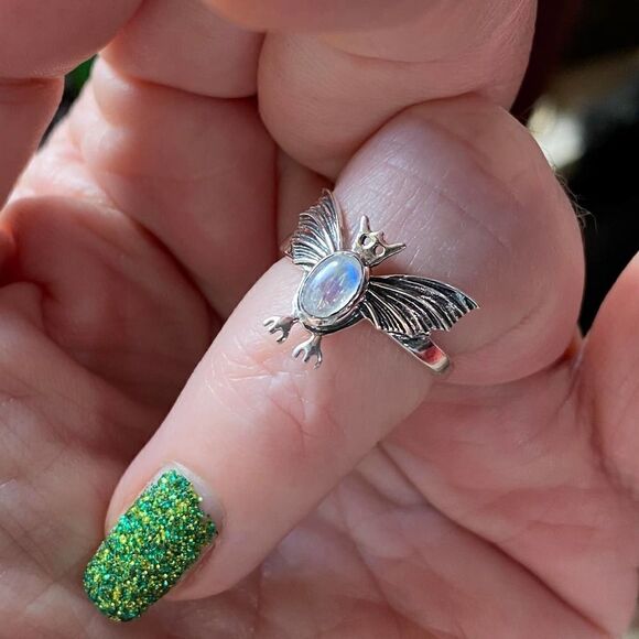 Solid Sterling Silver Rainbow Moonstone Bat Ring Size 6 - Picture 7 of 9